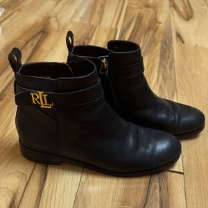 Ralph Lauren Black Leather Ankle Boots with Gold Hardware